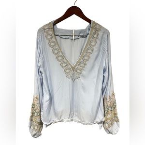 Free People Baby Blue V Neck with Embroidered Sleeves Size XS Wild One Boho Top